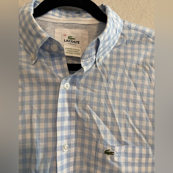 LACOSTE Men’s Classic Fit Long Sleeve Light Blue Gingham shirt size 42 - Picture 4 of 7